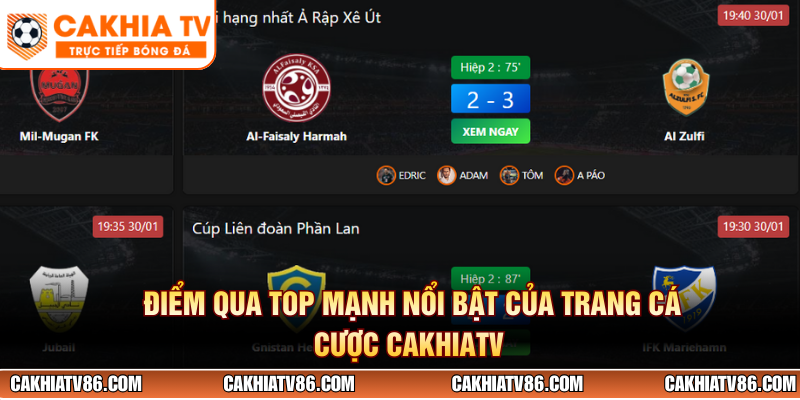 Điểm qua top mạnh nổi bật của trang cá cược CakhiaTV 